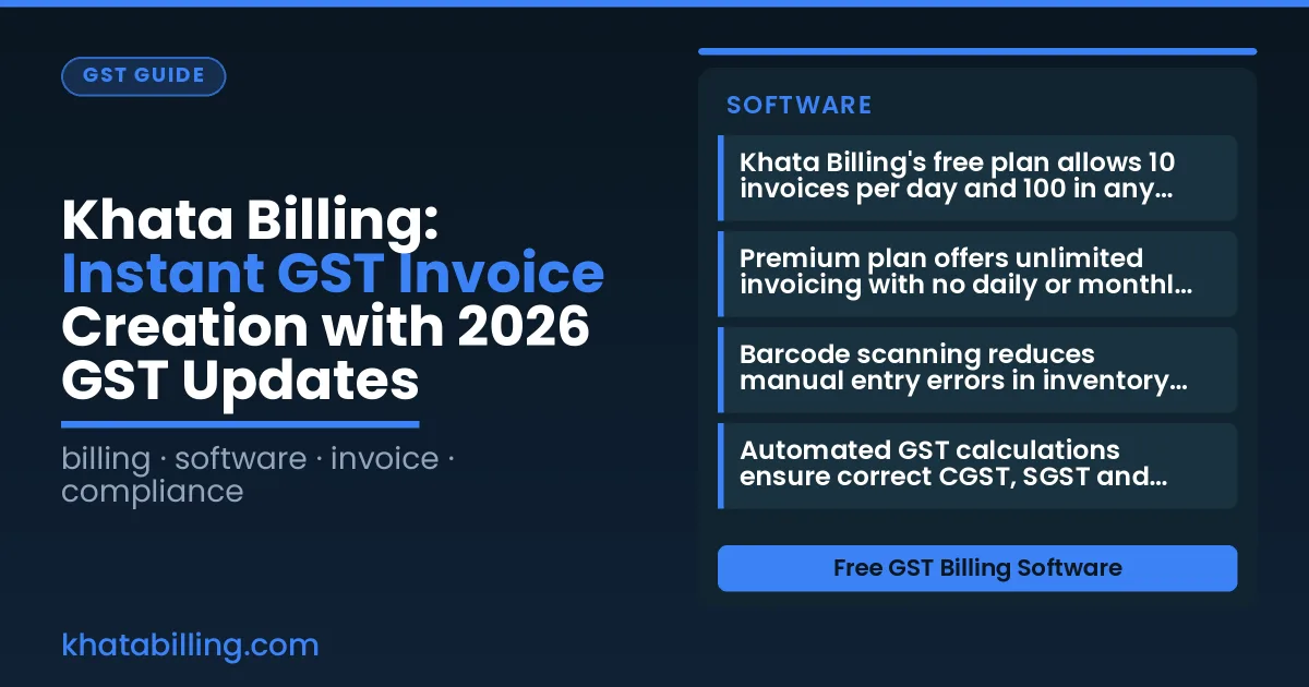 Small shop owner generating GST invoice on laptop with barcode scanner