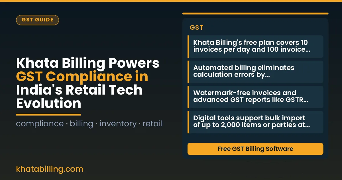 A small retail shop counter with a tablet showing GST invoice generation and inventory tracking