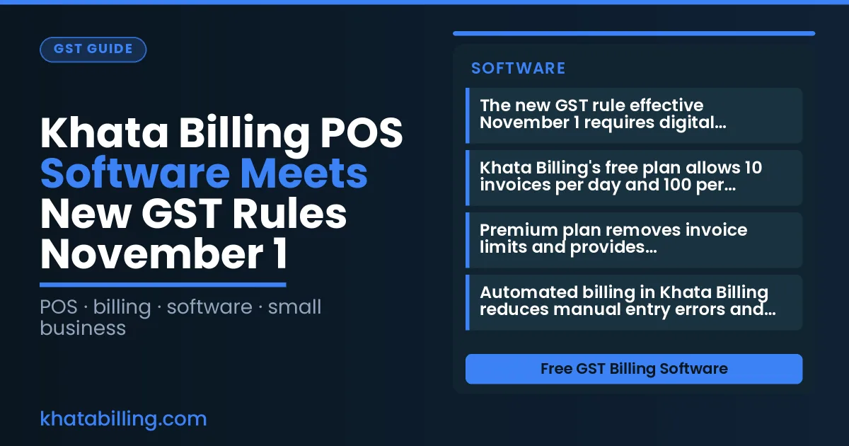 A small shop counter with a tablet showing GST invoice creation using Khata Billing POS software